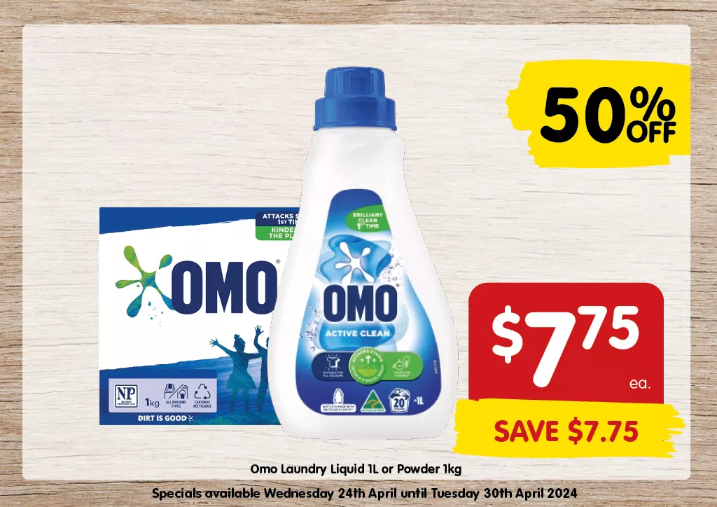Omo Laundry Liquid 1L or Powder 1kg at $7.75 each