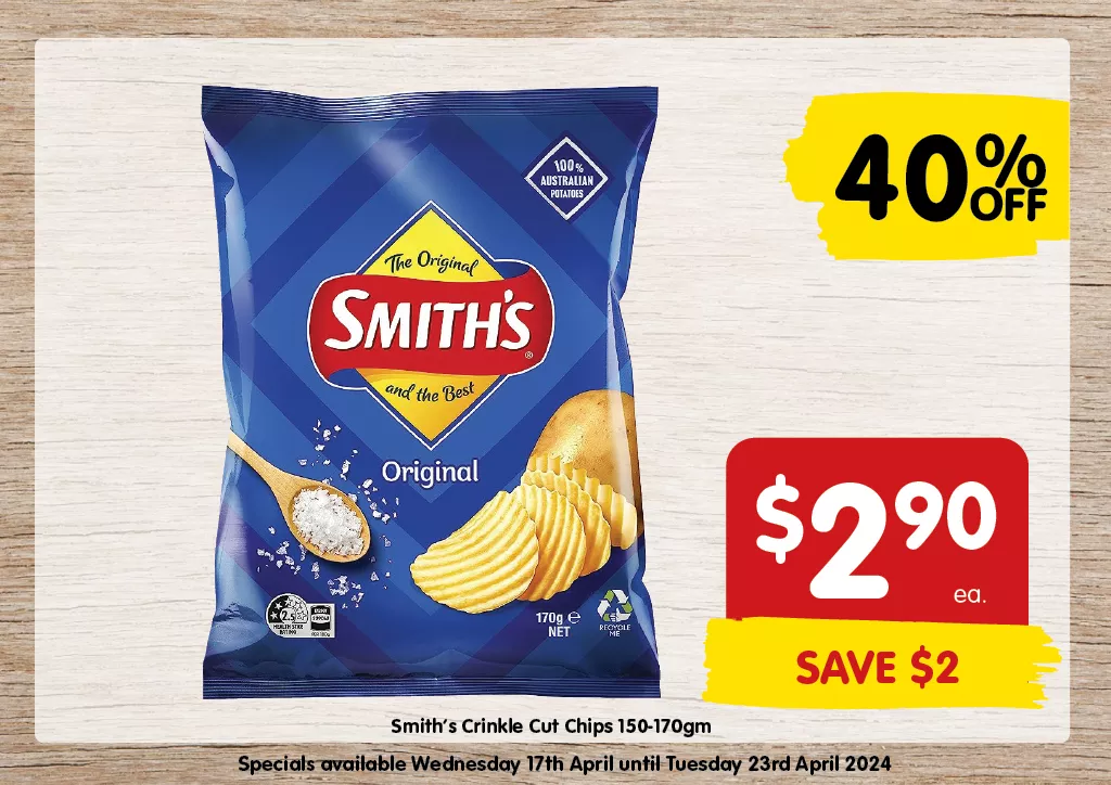 Smith's Crinkle Cut Chips 150-170gm at $2.90 each 