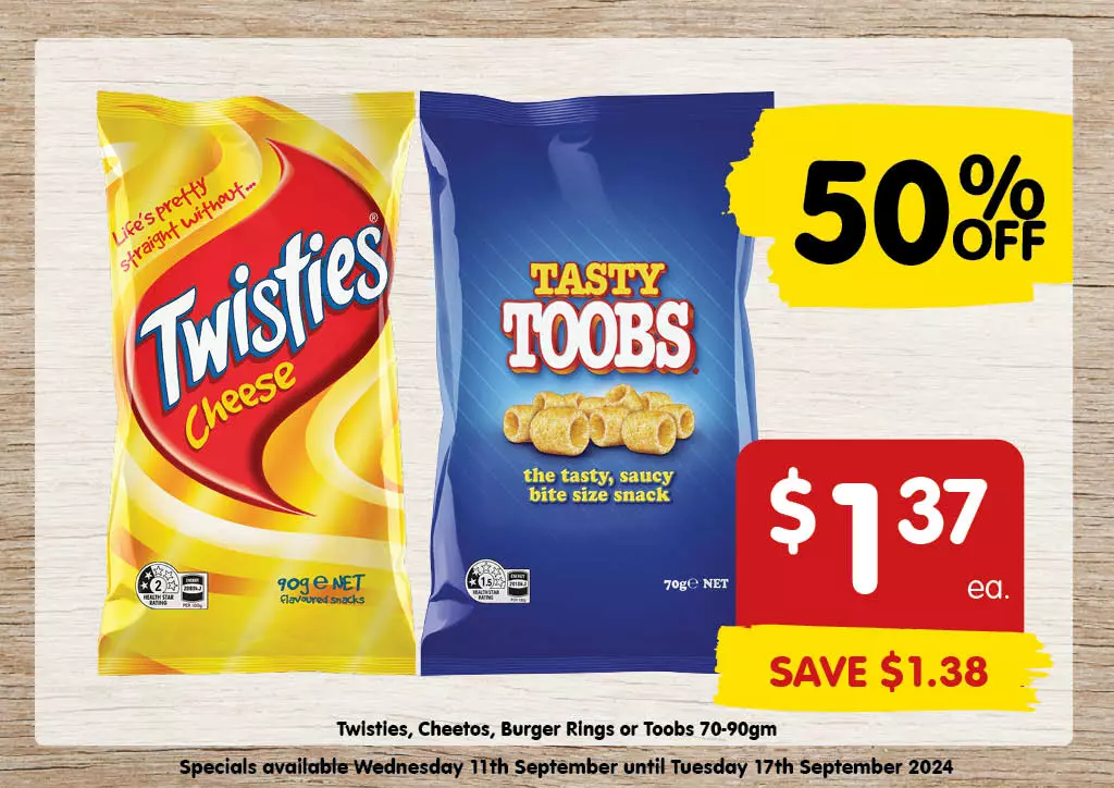 Twisties, Cheetos, Burger Rings or Toobs 70-90gm at $1.37 each 