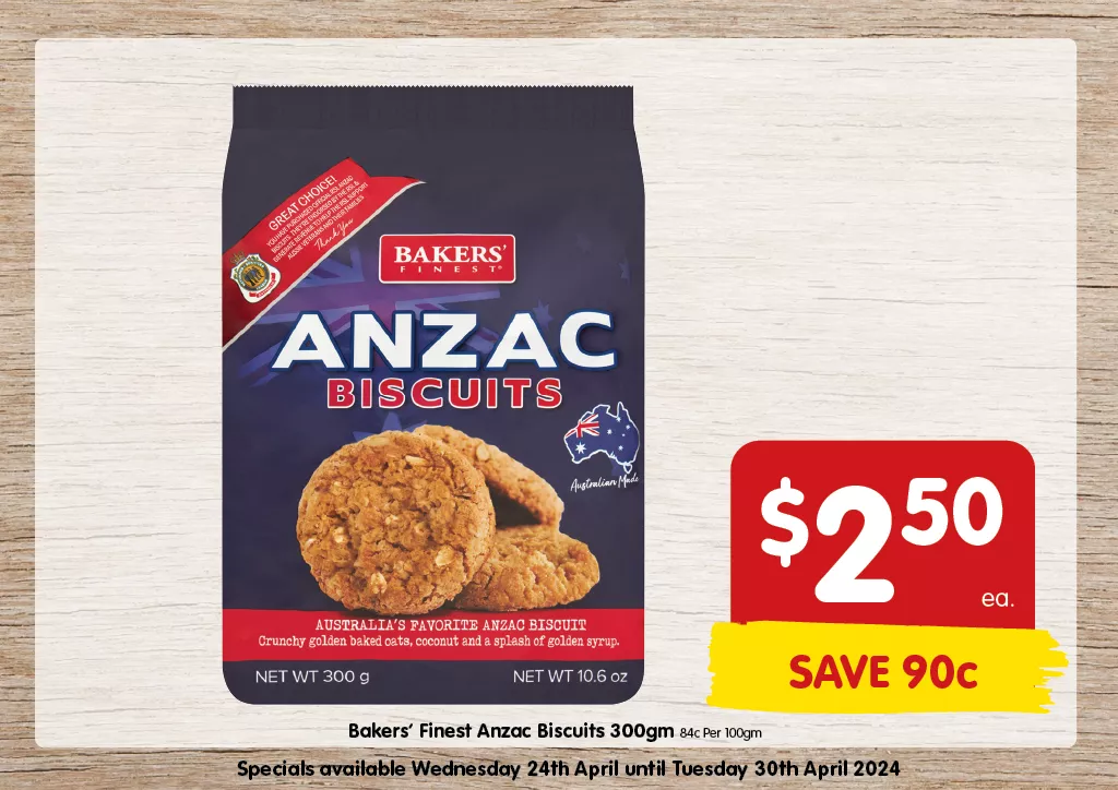 Bakers' Finest Anzac Biscuits 300gm at $2.50 each