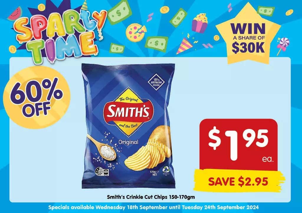 Smith's Crinkle Cut Chips 150-170gm at $1.95 each