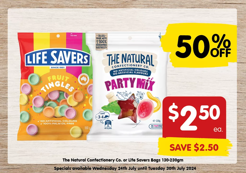 The Natural Confectionary Co. or Life Savers Bags 130-230gm at $2.50 each