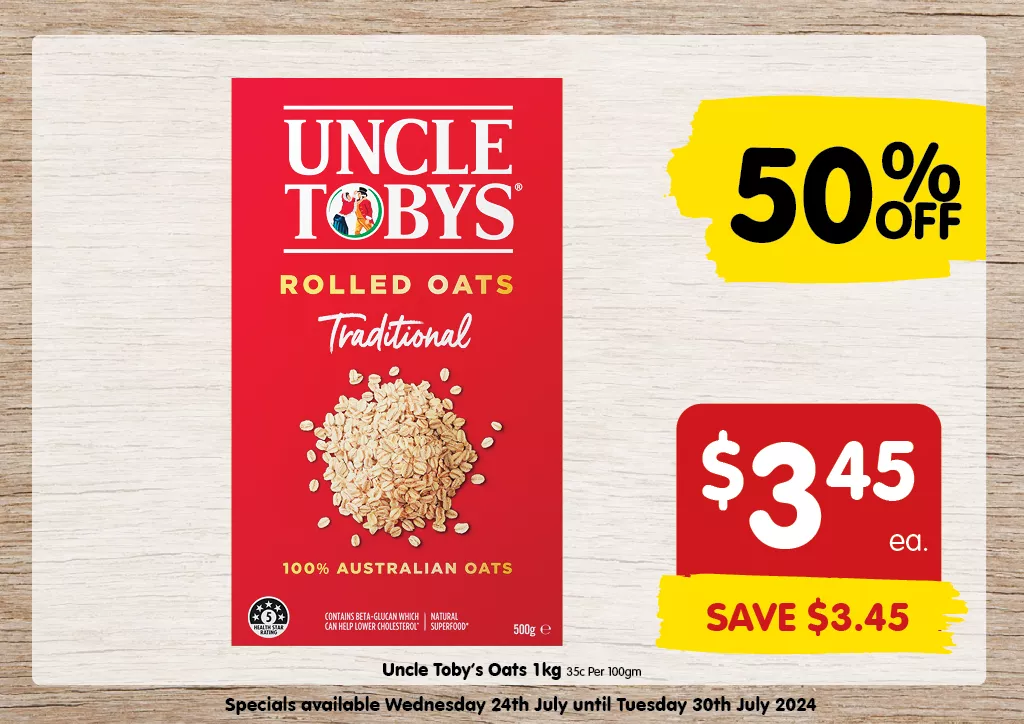 Uncle Toby's Oats 1kg at $3.45 each