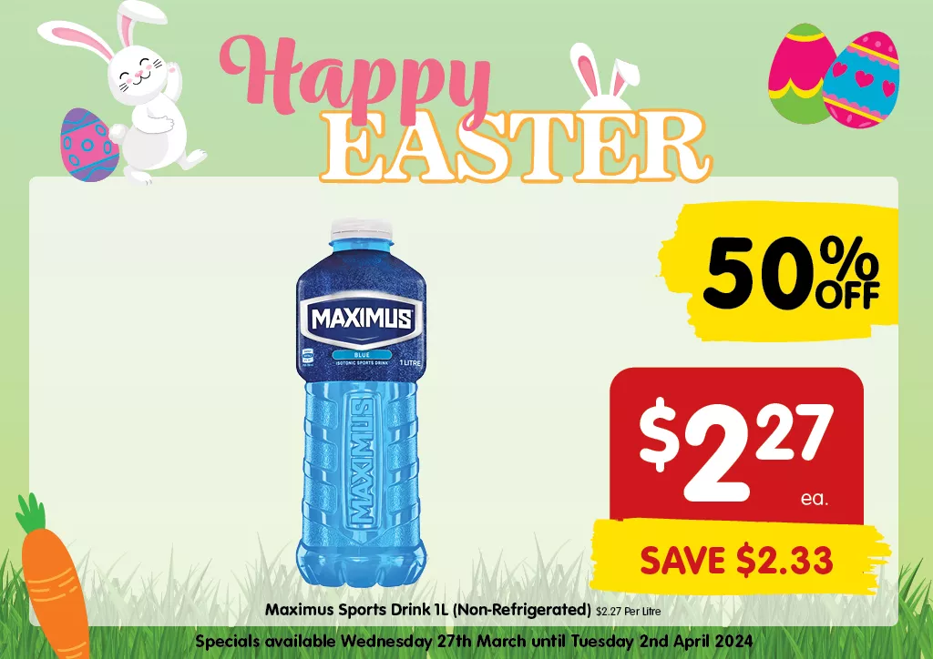 Maximus Sports Drink 1L (Non-Refrigerated) at $2.27 each, Half Price Special